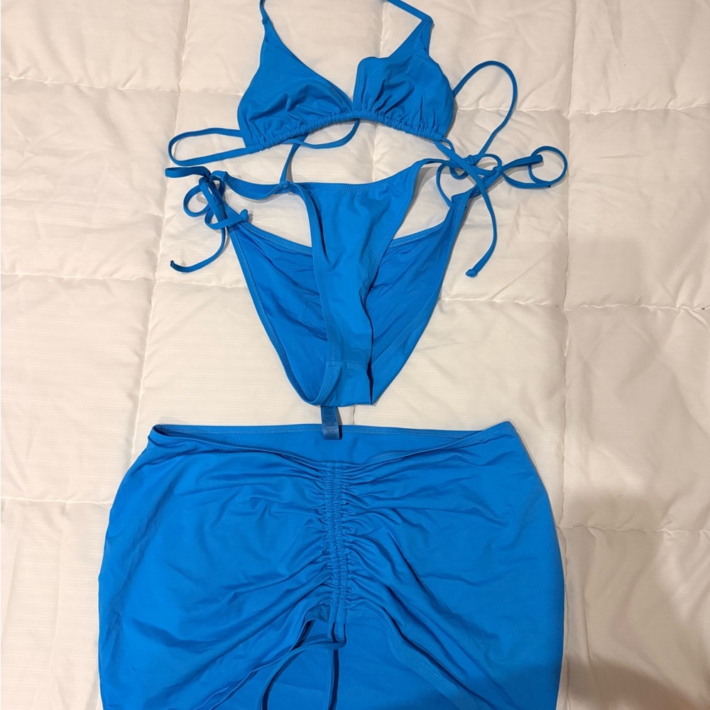 SKIMS Blue Bikini Set with Skirt